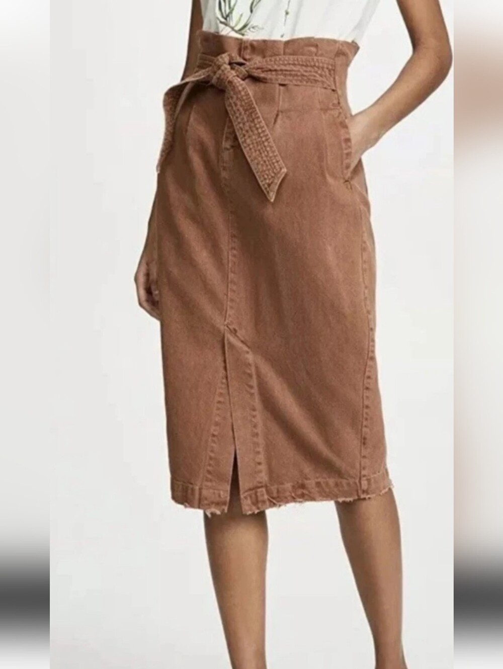 NWOT Free People Rust Brown Denim Midi Skirt with Front Slit